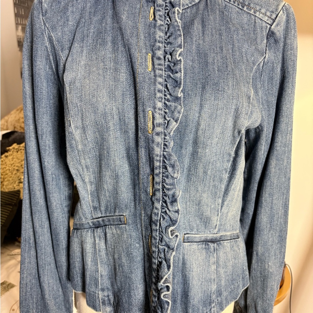 New York & Company Blue Jean Jacket with Ruffle Detail